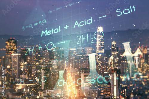 Creative chemistry hologram on San Francisco office buildings background  pharmaceutical research concept. Multiexposure