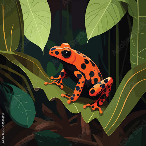 Poison dart frog on a branch in the rainforest. Tropical rainforest reptiles animals. Flat vector illustration concept. Generative AI
