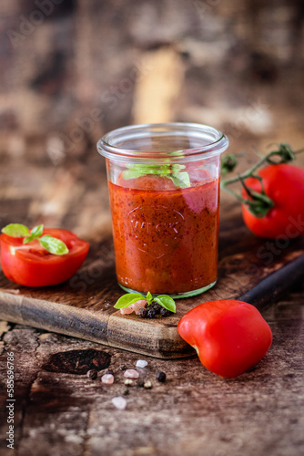 Tomato sauce with fresh cherry tomatoes with pepper and basil on wooden background.