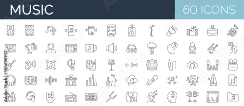 Set of 60 line editable stroke icons related to music  audio  instruments  sound. Vector illustration. Outline icon collection