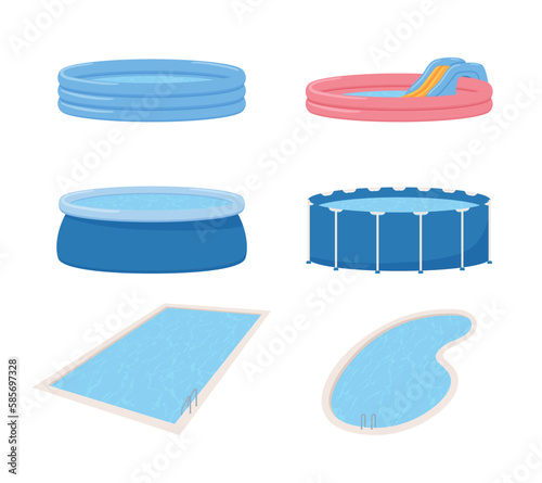 Inflatable pools set of different shapes vector illustration isolated on white.