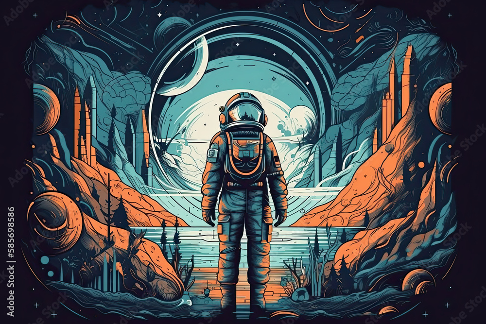 Space, science fiction, future. Vector retro illustrations of astronaut, galaxy, planet, moon, space objects for poster, background or cover Space, science fiction, future. Vector retro illustrations of astronaut, galaxy, planet, moon, space objects for poster, background or cover