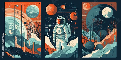 Space, science fiction, future. Vector retro illustrations of astronaut, galaxy, planet, moon, space objects for poster, background or cover