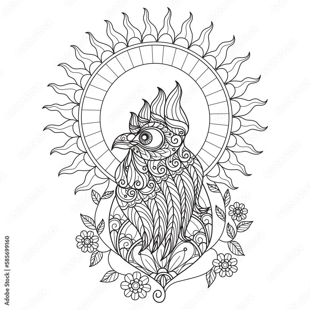 Fototapeta premium Chicken and sun hand drawn for adult coloring book