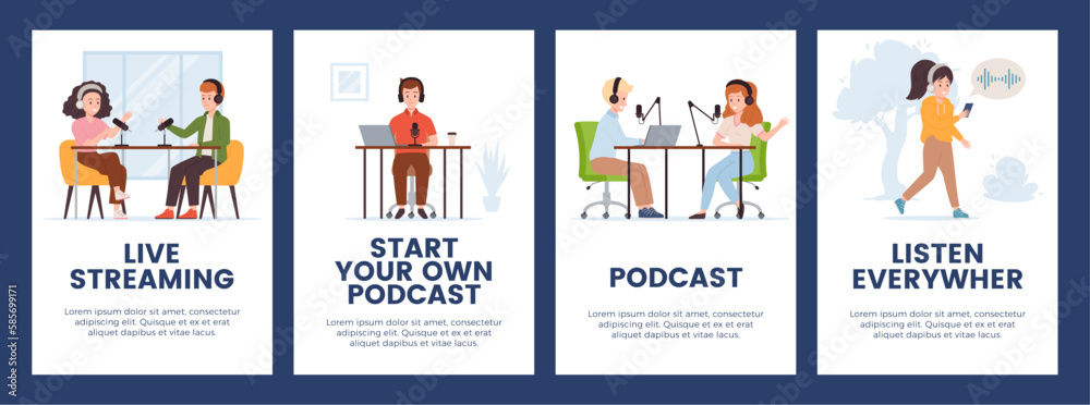 Online podcast audio streaming event banners or posters flat vector illustration.