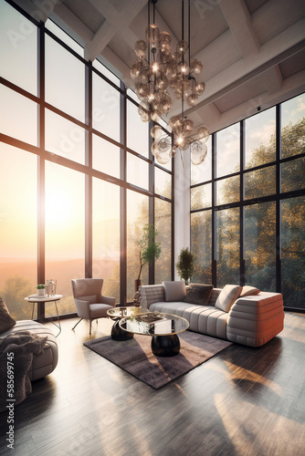 Spacious bright living room with panoramic windows. AI Generated