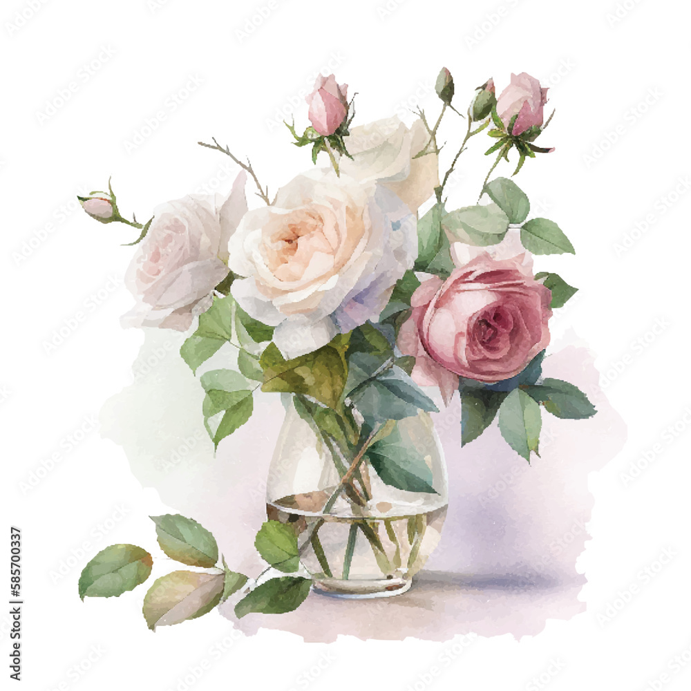 Fototapeta premium Watercolor bouqet with wild pink and white Roses in vase. Collection magenta flowers, leaves, branches. Design for greetings, card, invitation, flyer, banner.