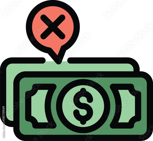 Money cash payment cancellation icon. Outline Money cash payment cancellation vector icon for web design isolated on white background color flat