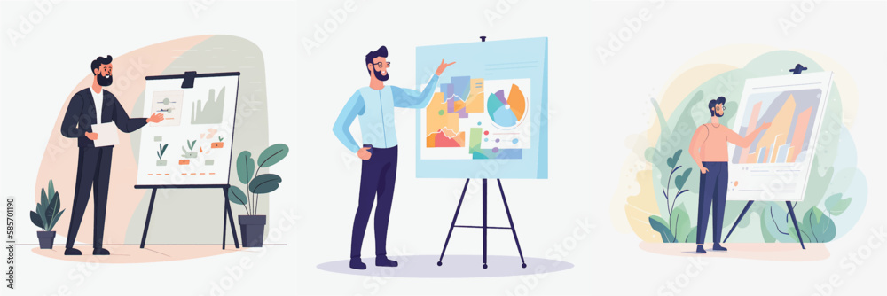 Simplified Flat Vector Art Image of a Man Presenting in Office with a White Background, Bundled for Your Convenience