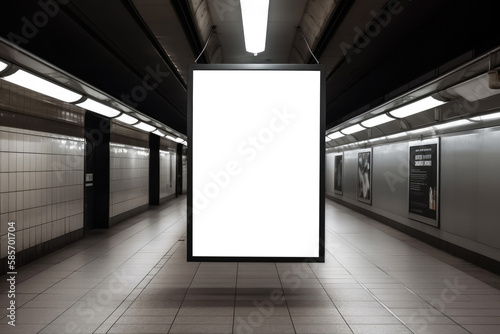 Blank billboard for outdoor advertising poster in subway metro. Generative AI