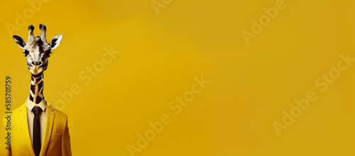 giraffe in yellow business suit, yellow background. Created with Generative AI