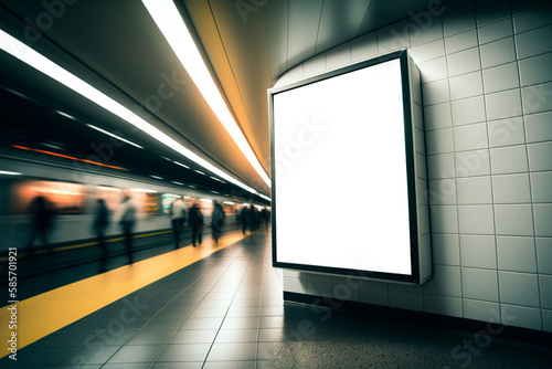 Vertical white empty LED billboard mockup in a subway station. AI generative metro station advertising banner display. Digital signage for ads and promotions