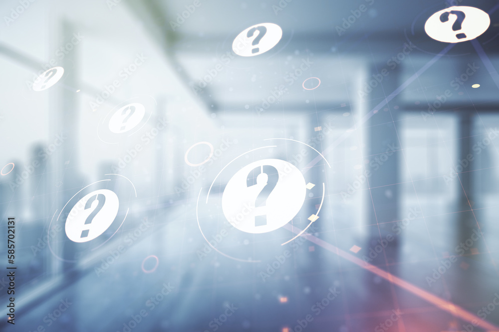 Double exposure of abstract virtual question mark hologram on empty modern office background. Sociology and psychology concept