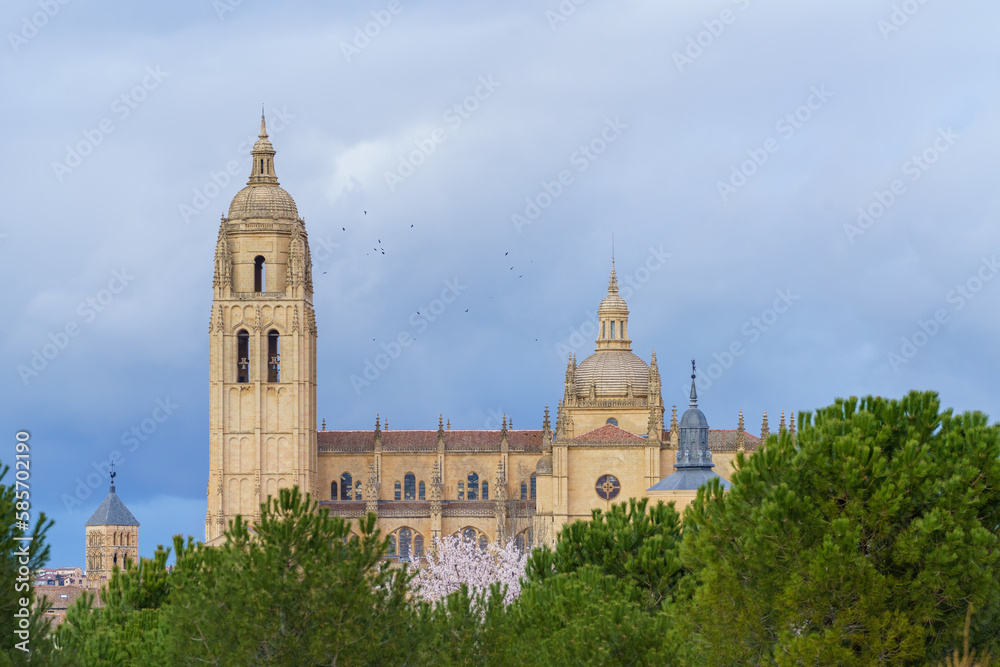 Tower of the cathedral church of Segovia with blue sky and clouds in the background and birds in flight