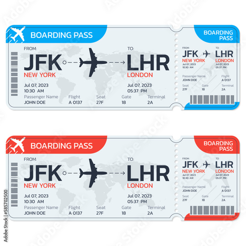 Airplane ticket set. Flight boarding pass design. Air, plane, airline card template. Fly, travel concept. Vector illustration.