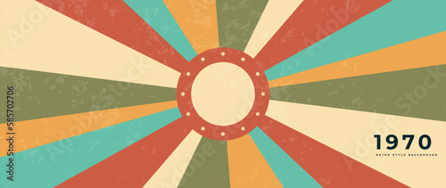 Abstract colorful 70s background vector. Vintage retro style wallpaper with rainbow stripes, lines, grunge, sun ray. 1970 color illustrated design suitable for poster, banner, decorative, wall art.