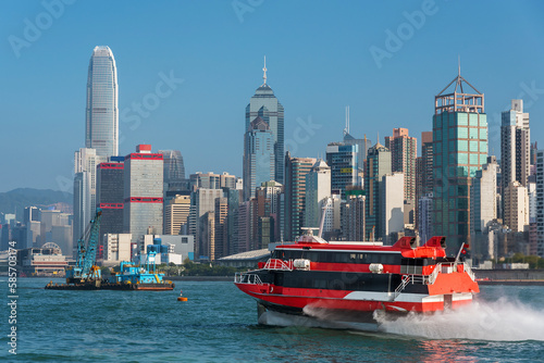 Photography high speed passenger ship in Victoria harbor of Hong Kong city