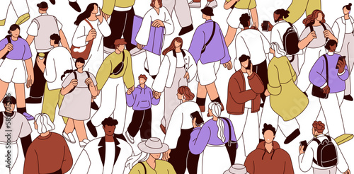 People crowd on city street. Many pedestrians going in overcrowded overpopulated metropolis. Plenty of citizens swarm walk, travel. Urban population, rush hour concept. Flat vector illustration photo