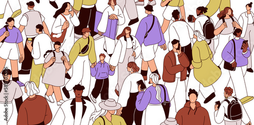 People crowd on city street. Many pedestrians going in overcrowded overpopulated metropolis. Plenty of citizens swarm walk, travel. Urban population, rush hour concept. Flat vector illustration