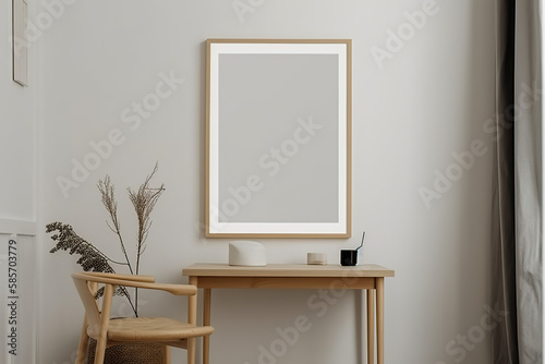 3D rendering wooden frame leaning on the white wall in the interior mockup, warm space, generative AI.