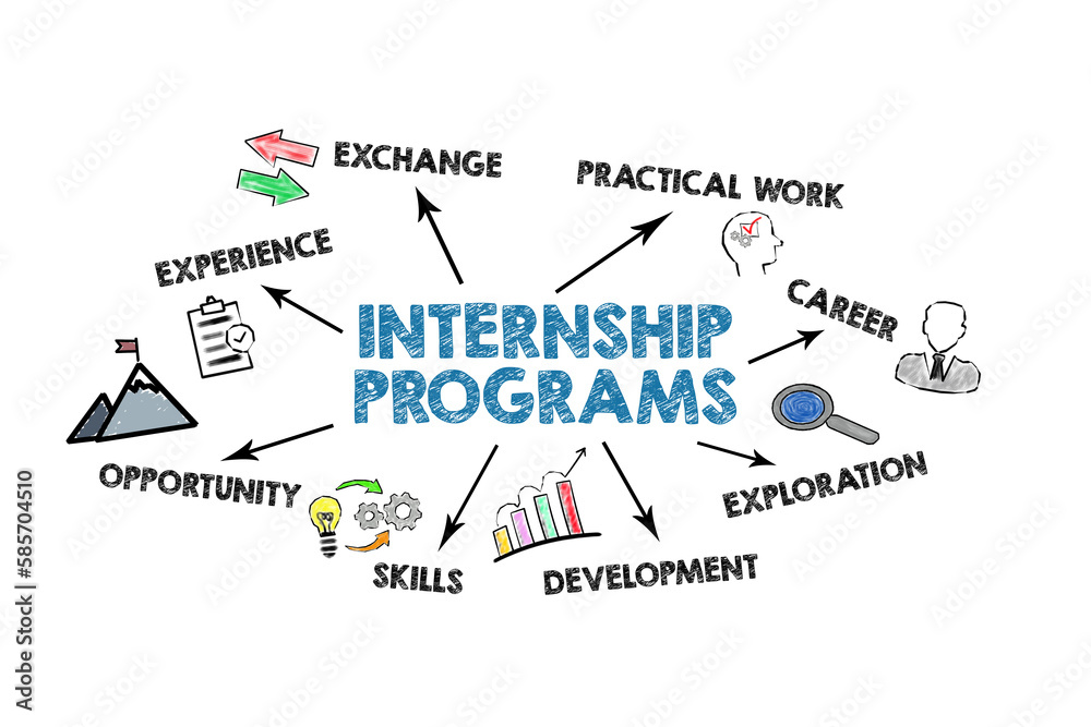 Internship Programs. Illustrated chart with icons, keywords and arrows on a white background