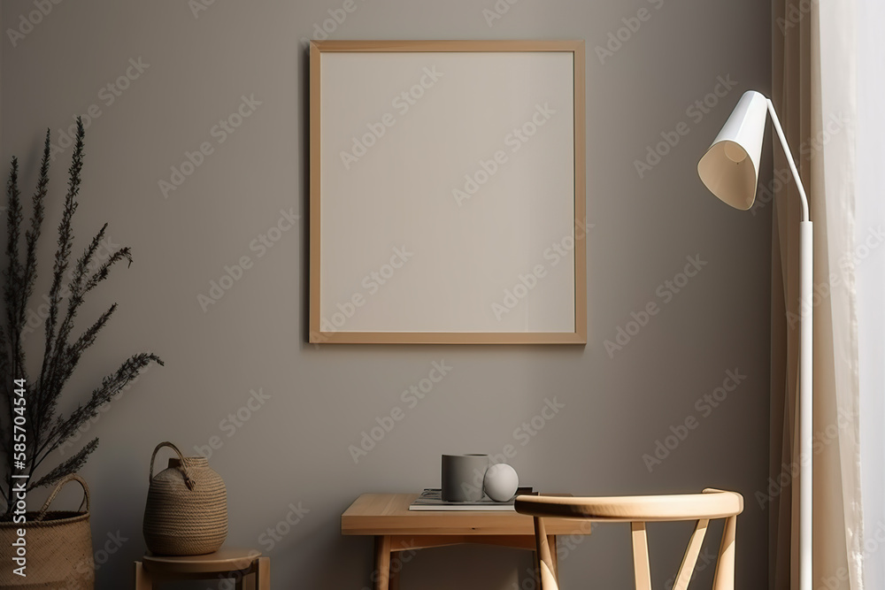 Vertical wooden frame mockup for neutral to showcase artwork, beautiful background,  photo, print, empty frame, warm, cozy, generative AI.