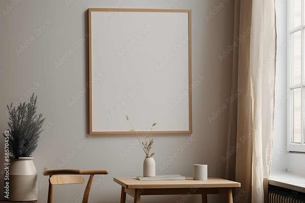 Vertical wooden frame mockup for neutral to showcase artwork, beautiful background,  photo, print, empty frame, warm, cozy, generative AI.