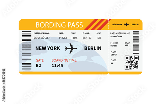 Template of a boarding ticket. Flight from New York to Berlin.