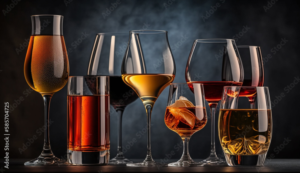 different glass glasses with different types of alcohol, generative ai