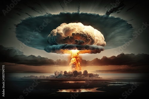 illustration of nuclear bomb blast with mushroom cloud, and dramatic sky in the background, created with generative ai photo