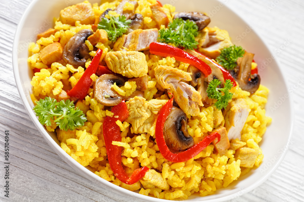 Chicken Paella with mushrooms, red pepper, spices Chicken Paella with mushrooms, red pepper, spices