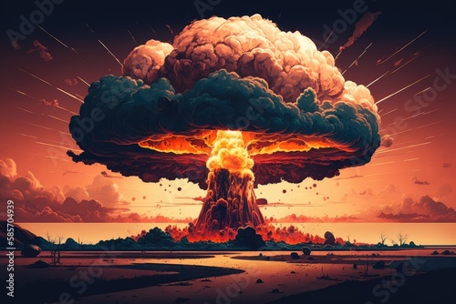 illustration of nuclear bomb blast with mushroom cloud, and dramatic sky in the background, created with generative ai photo