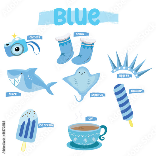 Set of blue color objects. Primary colours flashcard with blue elements. Learning colors for kids. Vector illustration file. Learning material for toddlers.