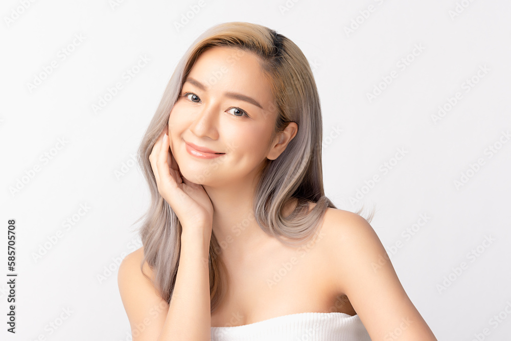 Happy beautiful young asian woman clean fresh bare skin concept. Asian girl beauty face skincare and health wellness, Facial treatment, Perfect skin, Natural make up. Isolated on white background. Happy beautiful young asian woman clean fresh bare skin concept. Asian girl beauty face skincare and health wellness, Facial treatment, Perfect skin, Natural make up. Isolated on white background.