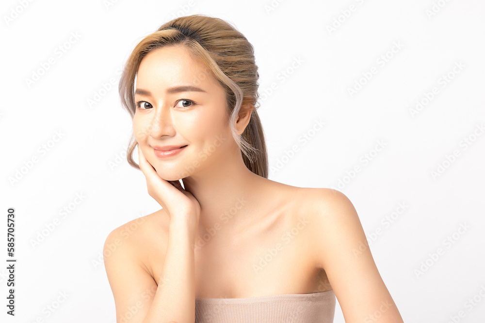 Happy beautiful young asian woman clean fresh bare skin concept. Asian girl beauty face skincare and health wellness, Facial treatment, Perfect skin, Natural make up. Isolated on white background. Happy beautiful young asian woman clean fresh bare skin concept. Asian girl beauty face skincare and health wellness, Facial treatment, Perfect skin, Natural make up. Isolated on white background.