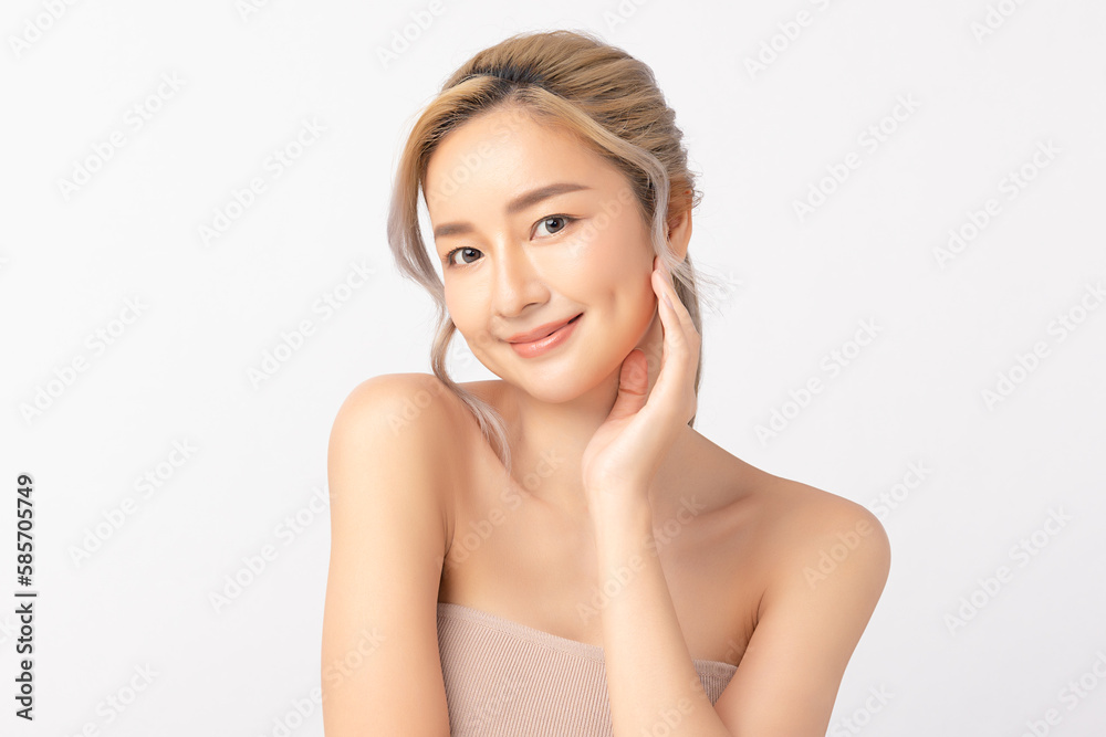 Happy beautiful young asian woman clean fresh bare skin concept. Asian girl beauty face skincare and health wellness, Facial treatment, Perfect skin, Natural make up. Isolated on white background. Happy beautiful young asian woman clean fresh bare skin concept. Asian girl beauty face skincare and health wellness, Facial treatment, Perfect skin, Natural make up. Isolated on white background.