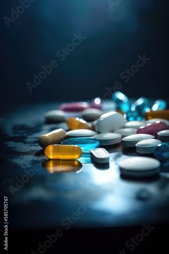 Pharmaceutical background with various pills. Generative AI