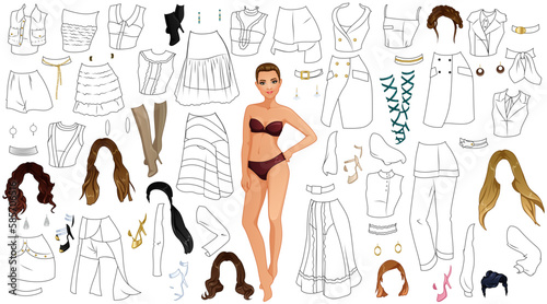 Fashion Outfit Coloring Page Paper Doll with Clothes, Hairstyles and Accessories. Vector Illustration