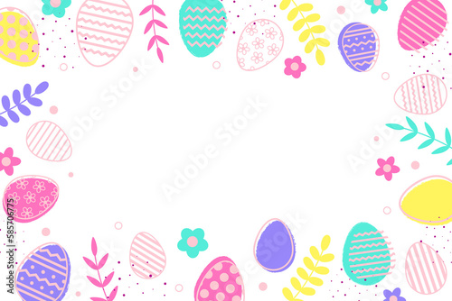 Colourful Easter eggs and flowers on transparent background. Modern design. PNG illustration