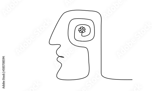 Continuous line art of a human head with a flower inside, lineart vector illustration.