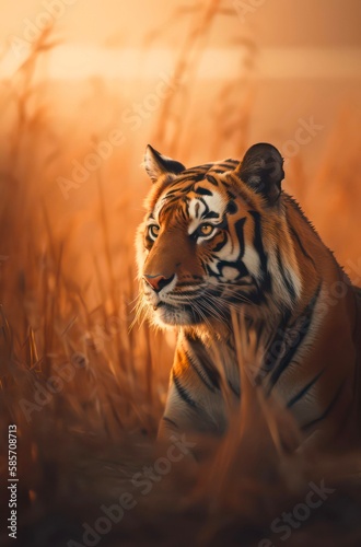 Portrait of a majestic tiger under sunlight. Generative AI.
