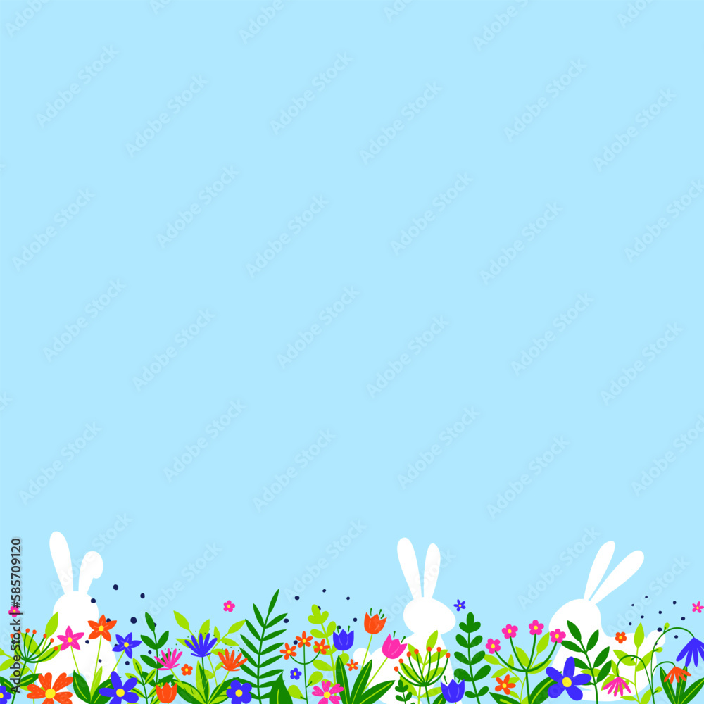 Blue background with Easter bunnies and flowers. Vector illustration Blue background with Easter bunnies and flowers. Vector illustration