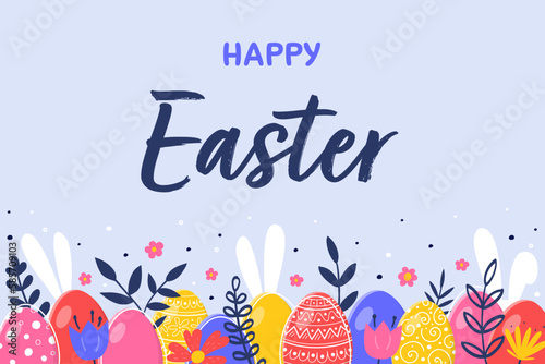 Easter greeting card with coloured eggs, bunnies and flowers. Easter decoration. Vector illustration
