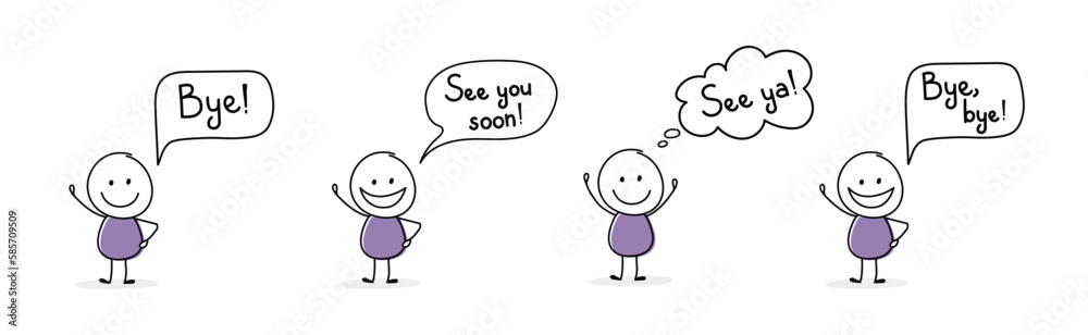 Happy hand drawn character with text - bye, see ya, see you soon. Vector Happy hand drawn character with text - bye, see ya, see you soon. Vector