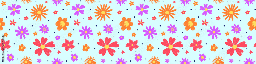 Floral seamless pattern. Spring background with colourful hand drawn flowers. Banner. Vector illustration.