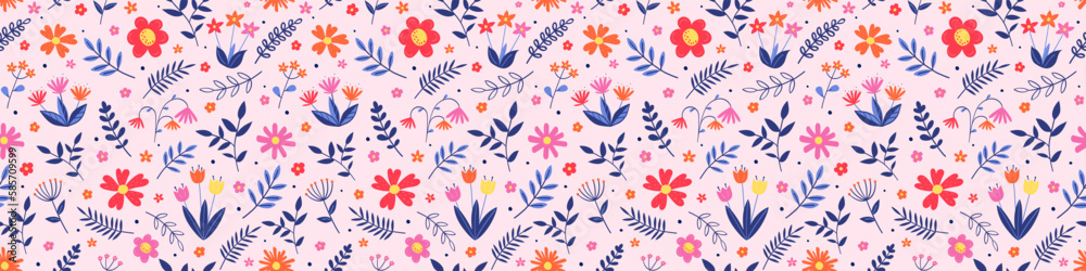 Floral seamless pattern. Spring background with colourful hand drawn flowers and leaves. Banner. Vector illustration