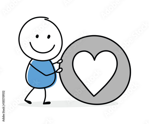 Funny cartoon stickman holding heart icon. Hand drawn design for a business presentation. Vector illustration