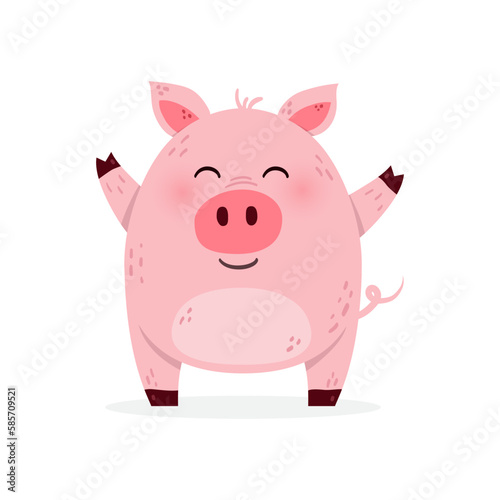 Happy pig on a white background. Design of a cute animal character. Vector illustration