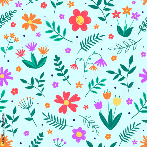 Floral texture. Spring background with colourful blowing flowers and leaves. Vector illustration © Karolina Madej