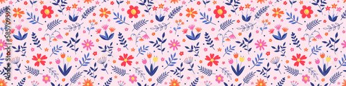 Floral seamless pattern. Spring background with colourful hand drawn flowers and leaves. Banner. Vector illustration © Karolina Madej